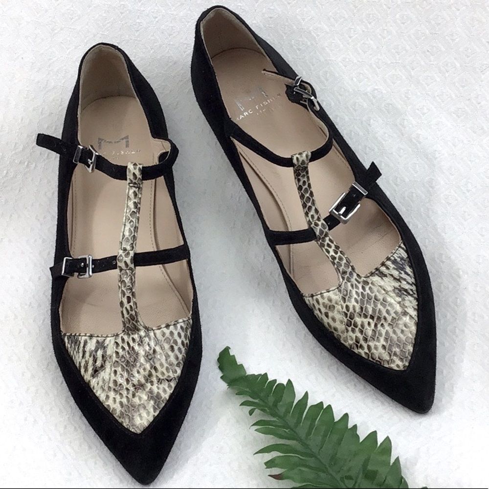 Marc Fisher Black Suede Snakeskin Flats